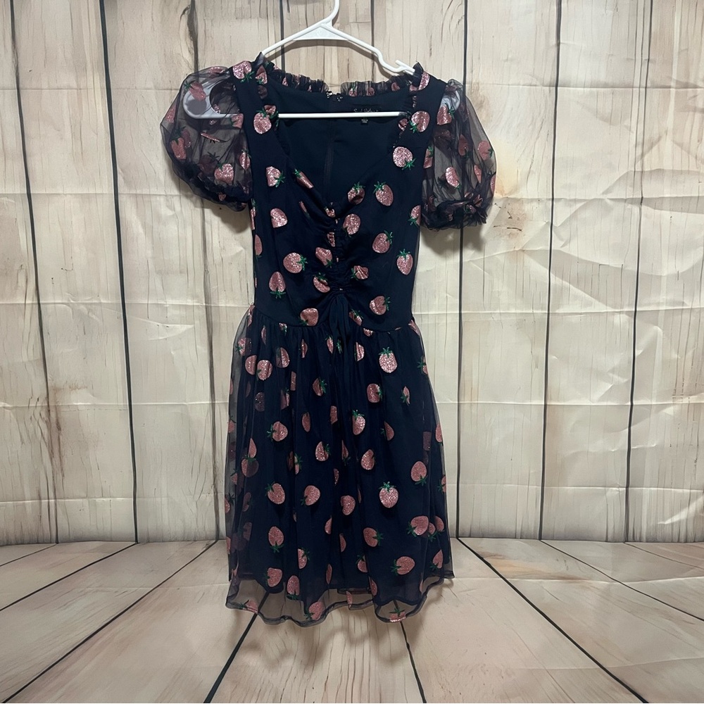 Smak Parlour Navy & Pink Strawberry Print Woodstock Flare Dress Unique Vintage